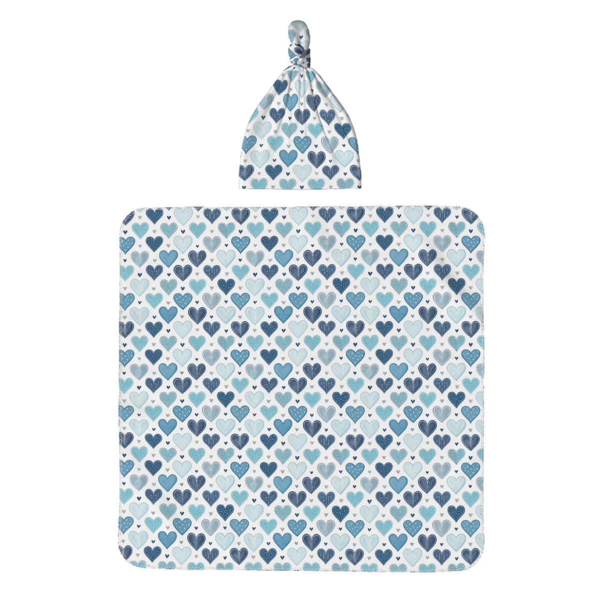Blue Hearts Baby Swaddle Blanket & Beanie Hat Set