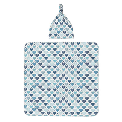 Blue Hearts Baby Swaddle Blanket & Beanie Hat Set