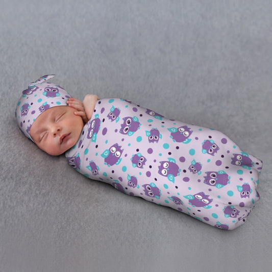 Purple Owls Baby Swaddle Blanket & Beanie Hat Set