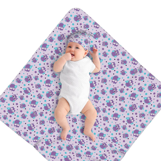 Purple Owls Baby Swaddle Blanket & Beanie Hat Set