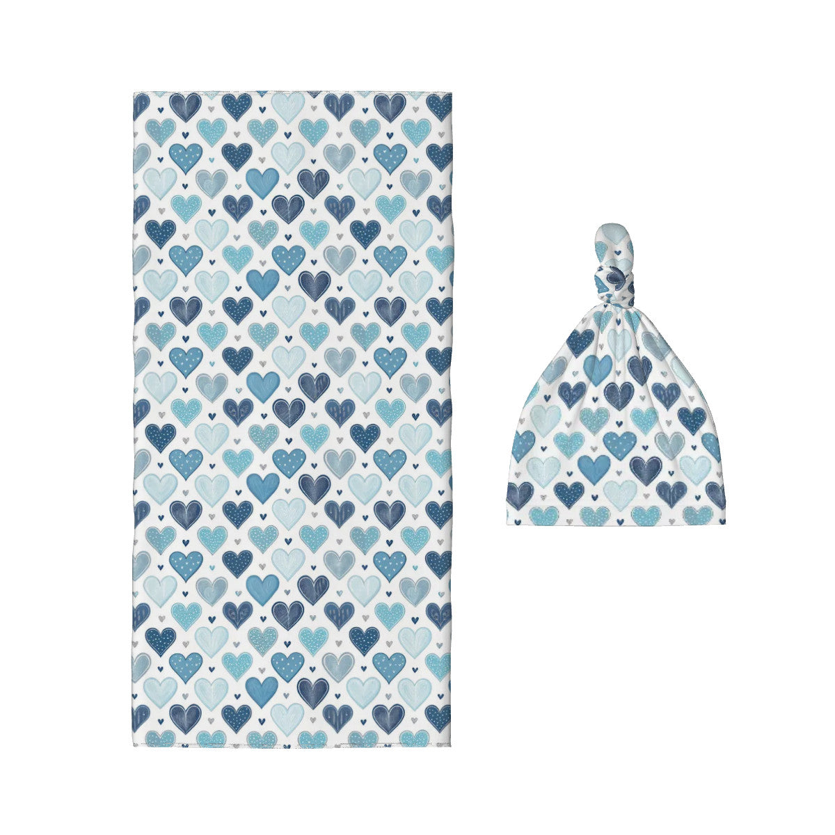 Blue Hearts Baby Swaddle Blanket & Beanie Hat Set