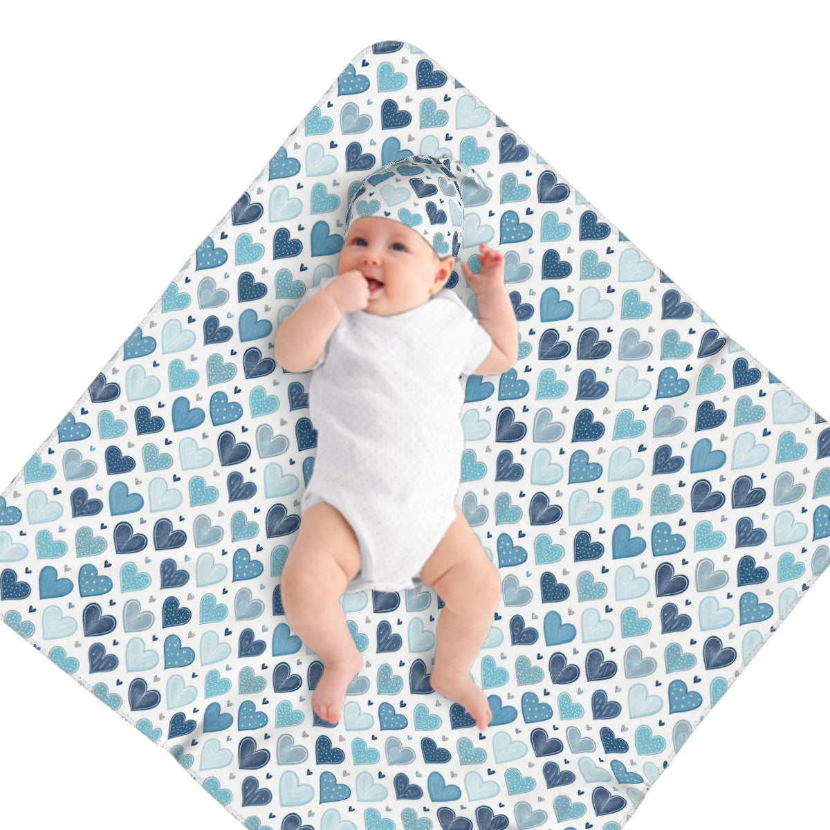 Blue Hearts Baby Swaddle Blanket & Beanie Hat Set