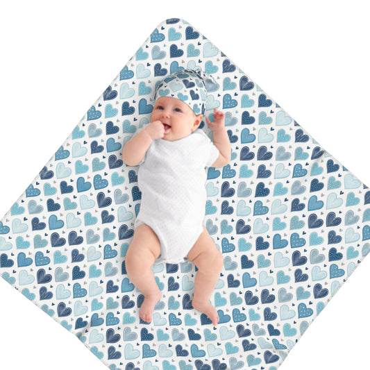 Blue Hearts Baby Swaddle Blanket & Beanie Hat Set