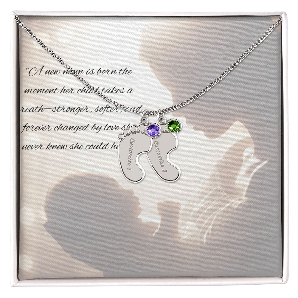 New Mother - Baby Feet Necklace with Birthstone