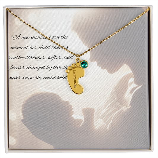 New Mother - Baby Feet Necklace with Birthstone