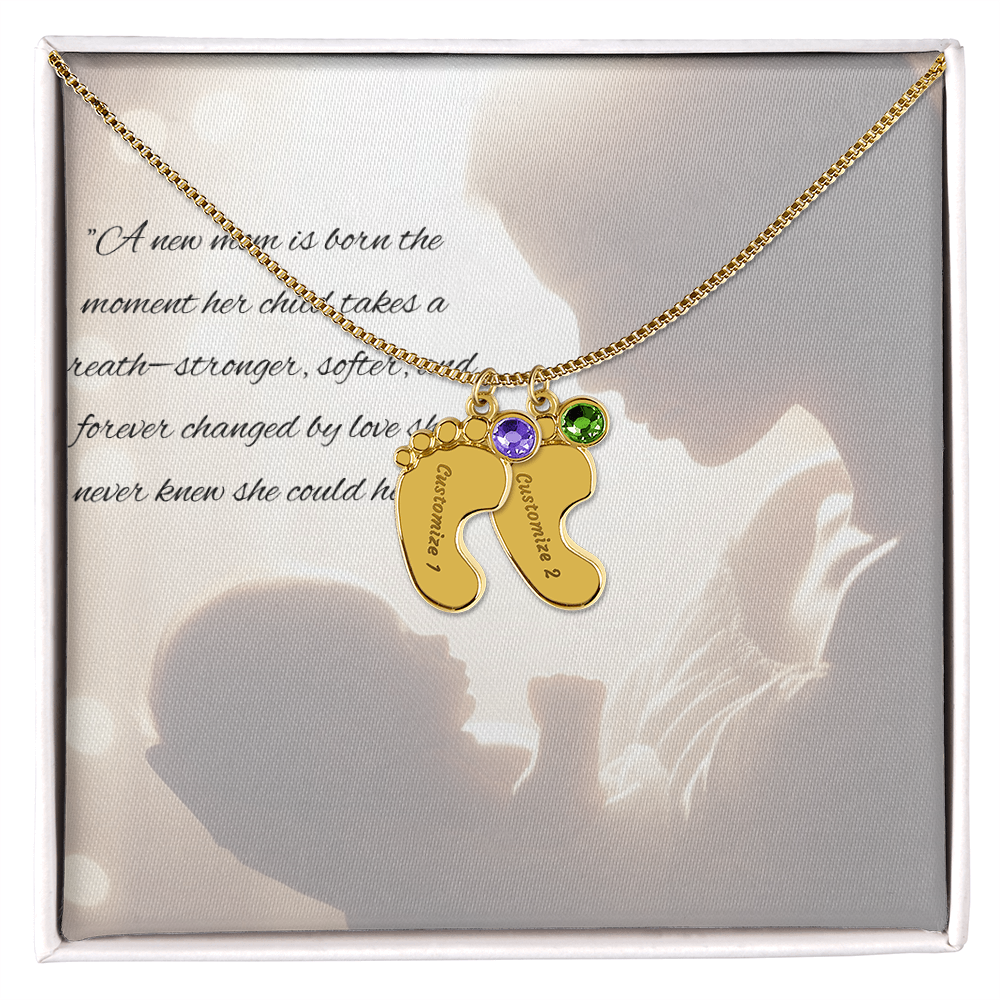 New Mother - Baby Feet Necklace with Birthstone