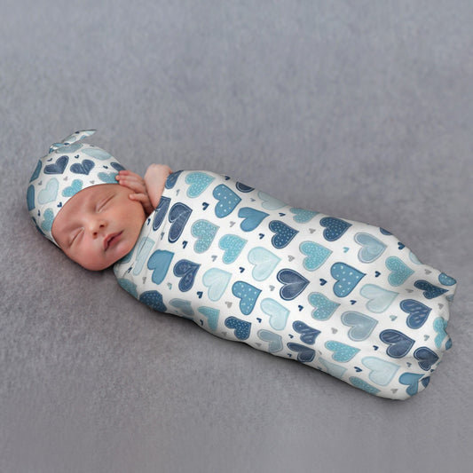 Blue Hearts Baby Swaddle Blanket & Beanie Hat Set